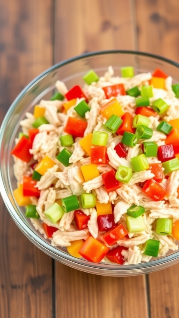 A colorful chicken salad with shredded chicken, bell peppers, celery, and green onions in a glass bowl on a wooden table.